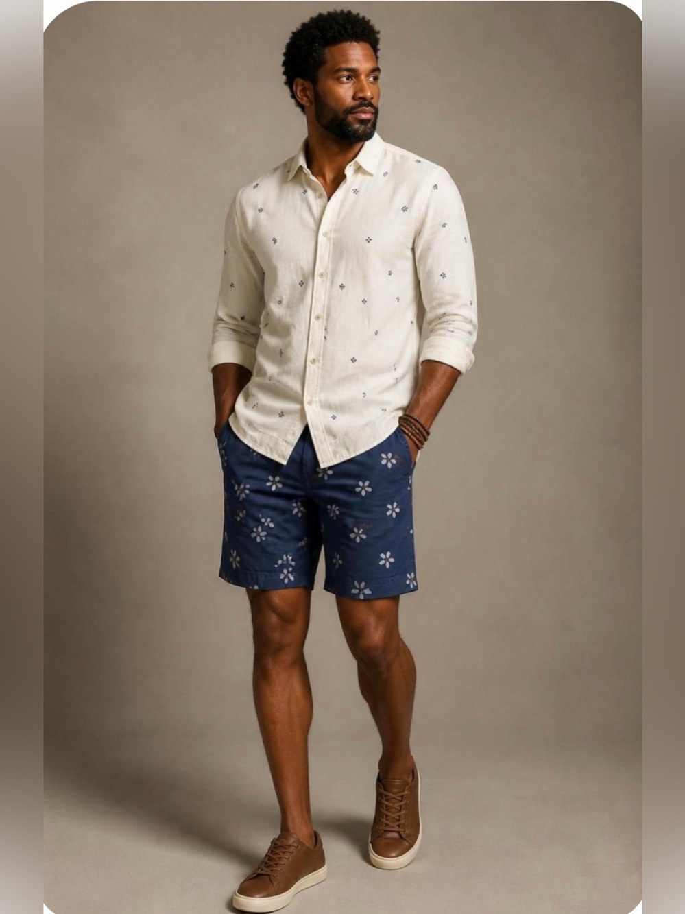 40weft Navy Floral Pattern Flat Front Shorts